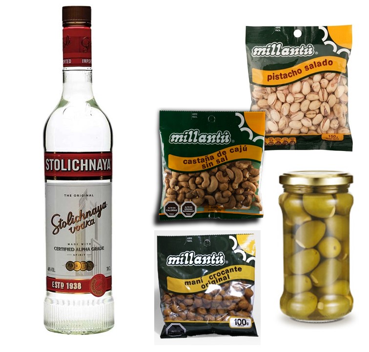 Vodka 750cc, 2 Copas, Mani, Pistacho, Casta�as y Aceitunas	